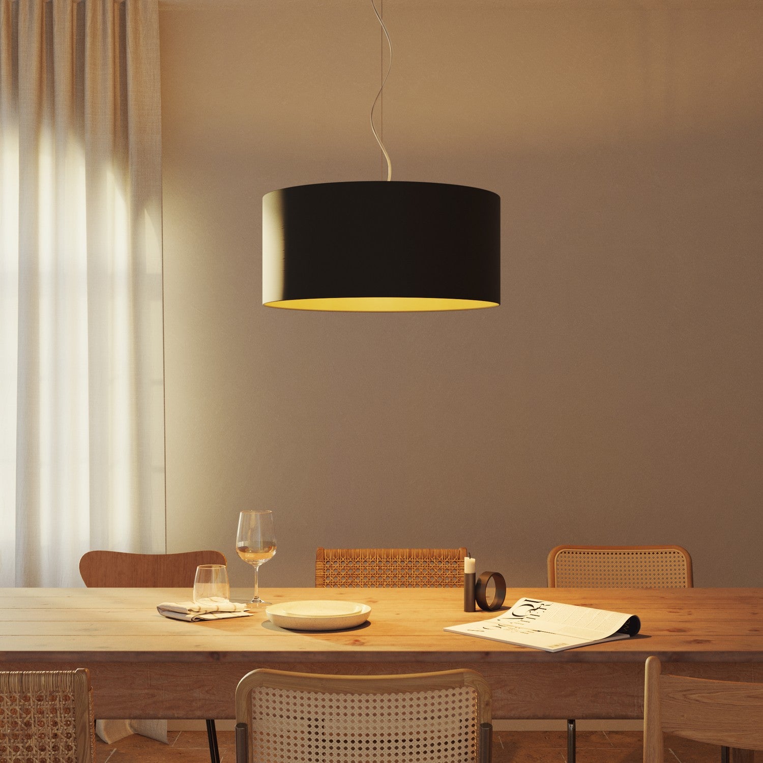 Lampada a sospensione con paralume in tessuto Cilindro Large - Made in Italy - Nero/Oro No