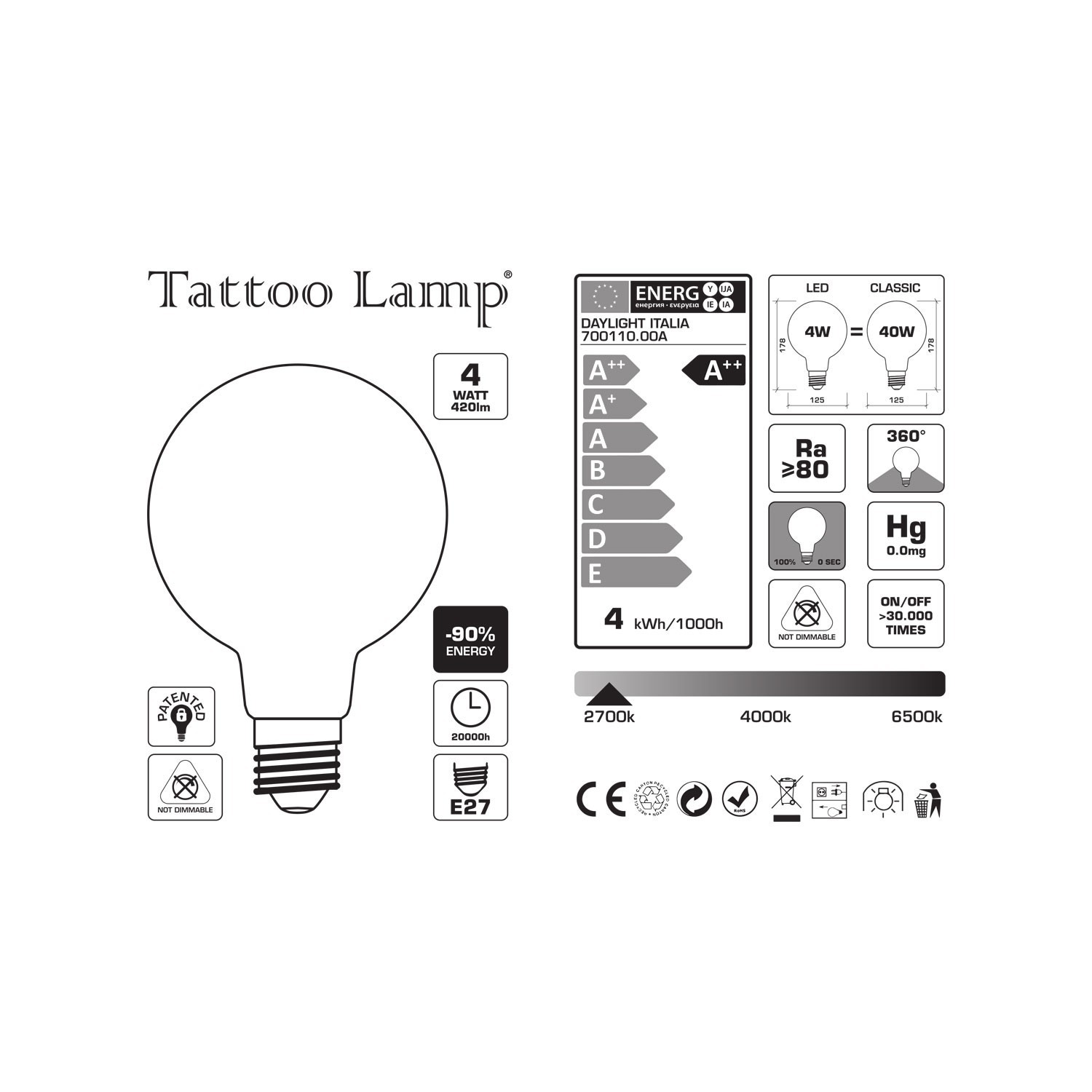 LED-pære Globe G125 Kurvet Spiral Filament - Tattoo Lamp® Cuore 4W E27 2700K