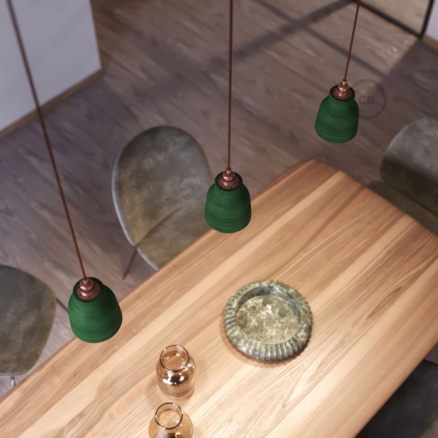 Pendellampe med tekstilkabel, Vase keramisk lampeskærm og metaldetaljer - Fremstillet i Italien