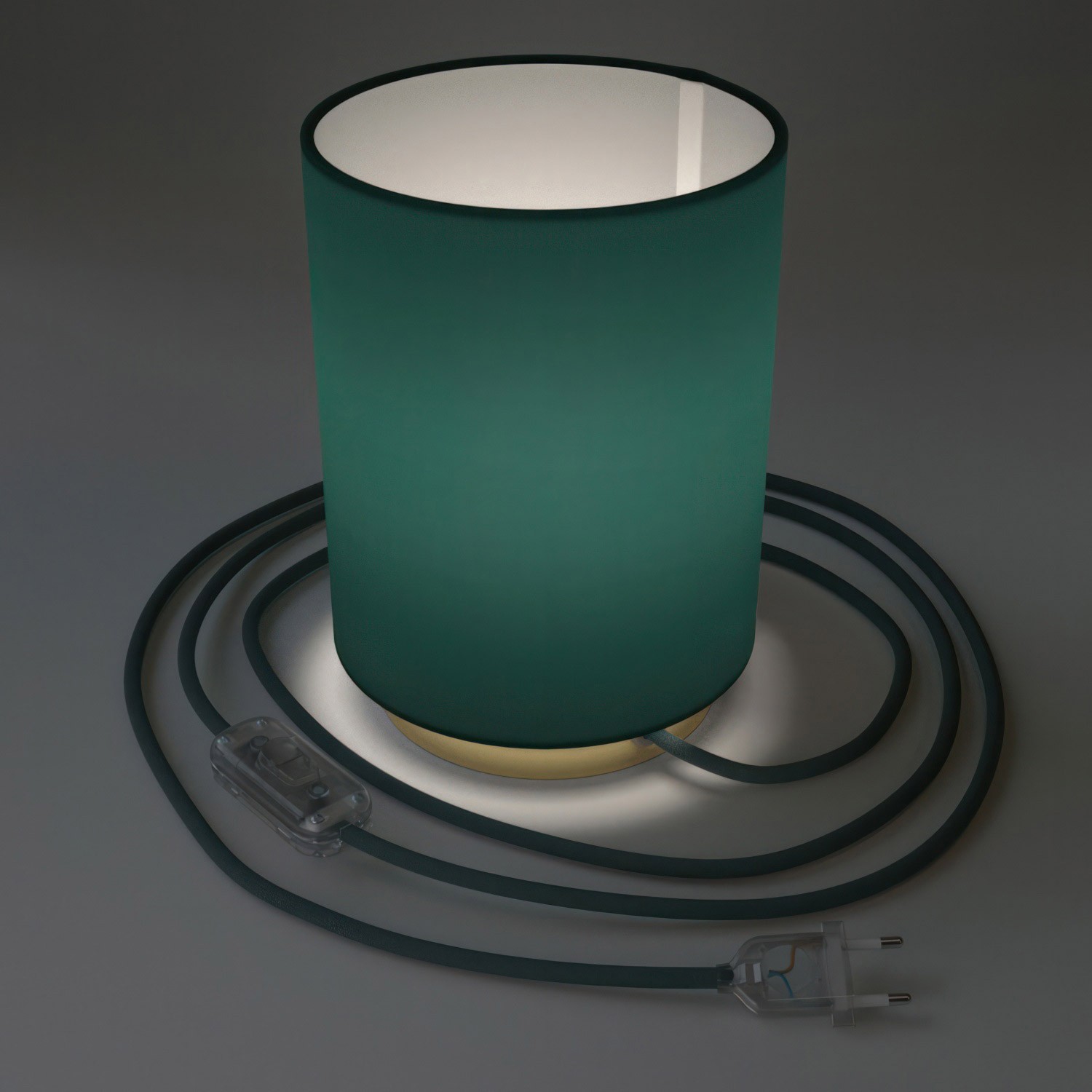 Posaluce i metal med Petrol Blue Cinette Cilindro lampeskærm, komplet med stofkabel, afbryder og 2-polet stik