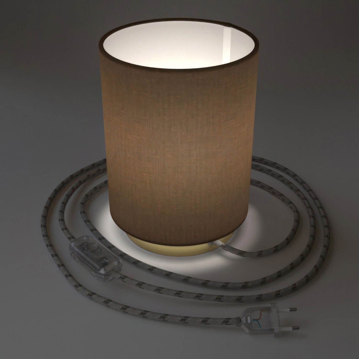 Posaluce i metal med Brown Camelot Cilindro lampeskærm, komplet med stofkabel, afbryder og 2-polet stik