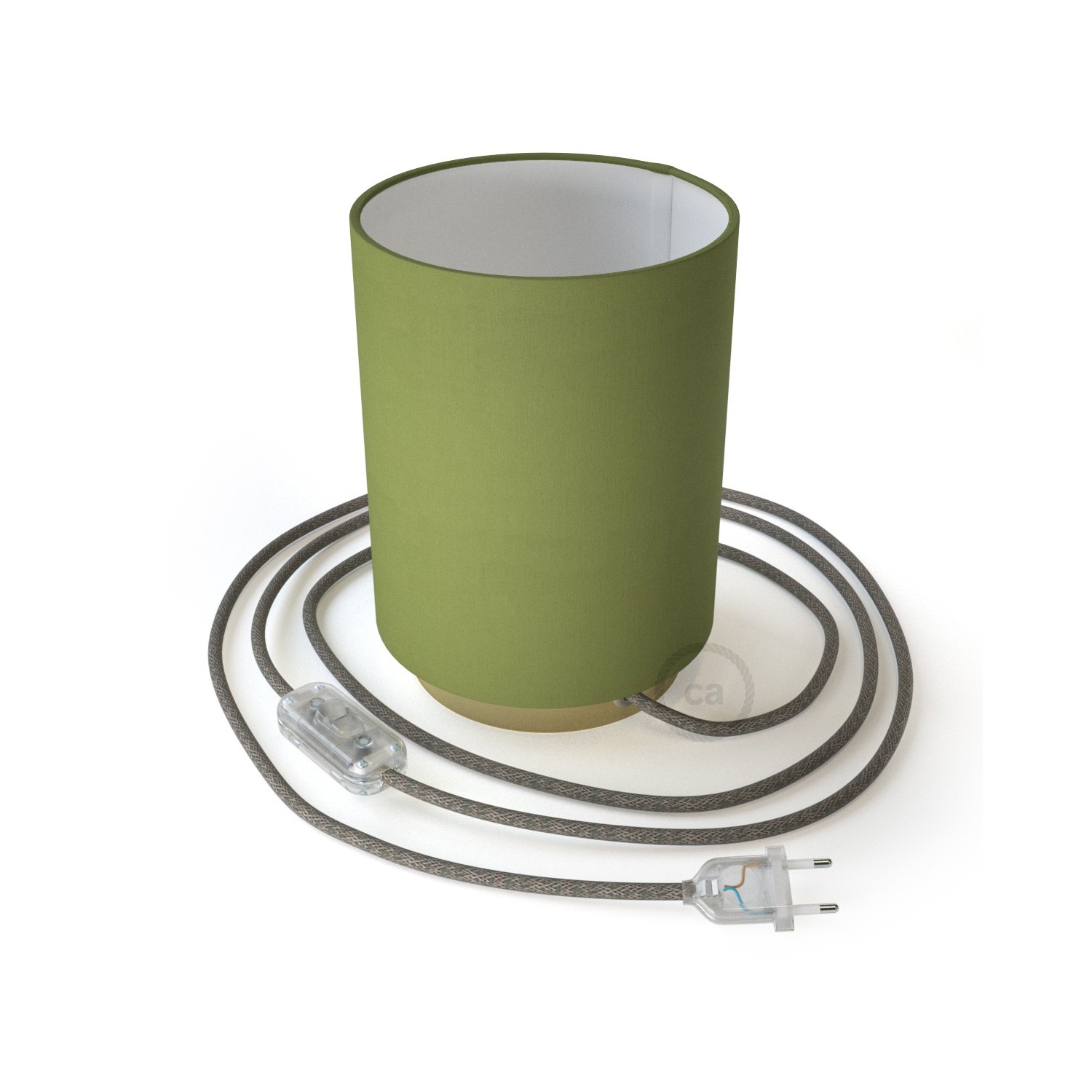 Posaluce in metal with Olive Green Canvas Cilindro lampshade, complete with fabric cable, switch and 2-pin plug
