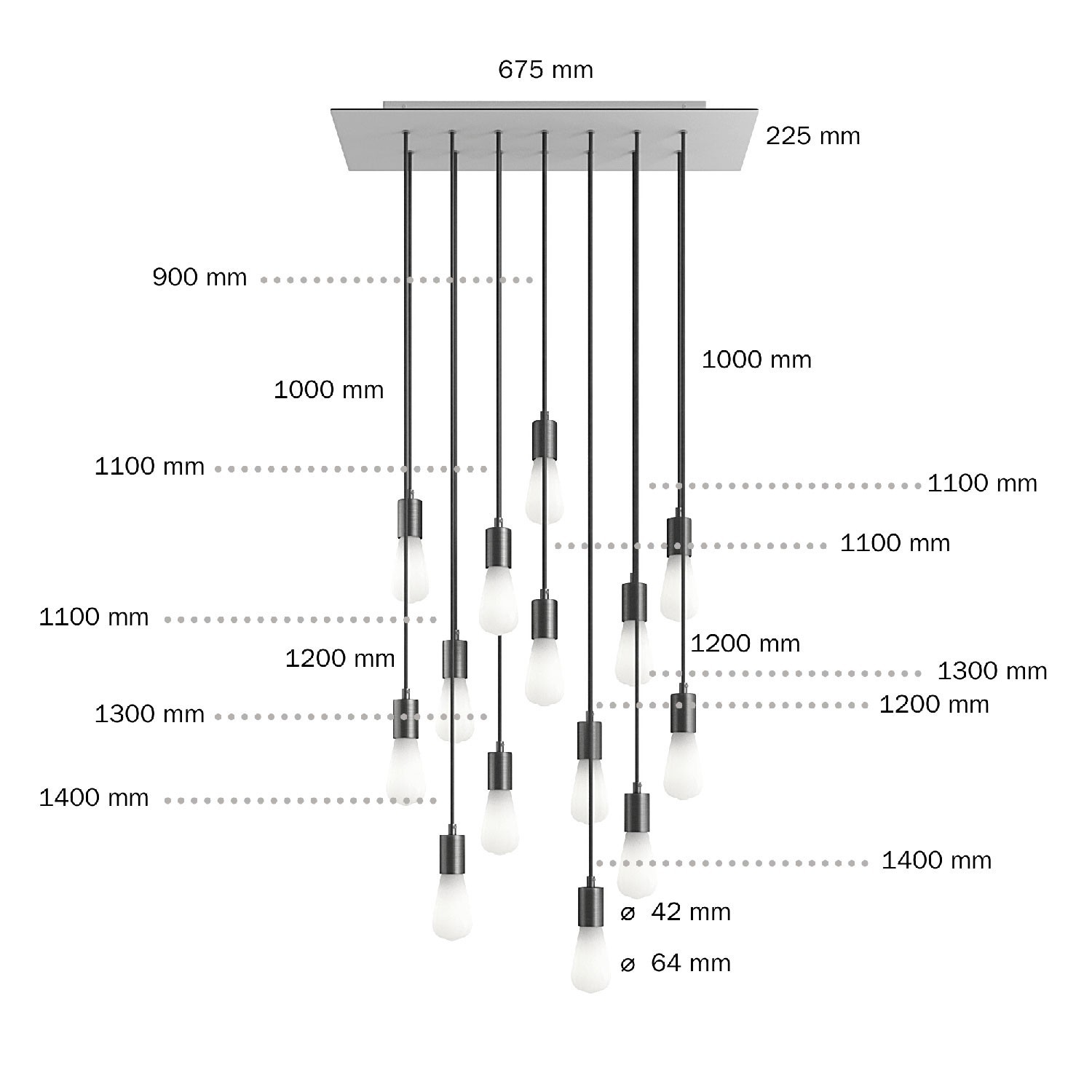 14-lys pendel lampe med 675 mm rektangulær XXL Rose-One, med stof kabel og metal finishes