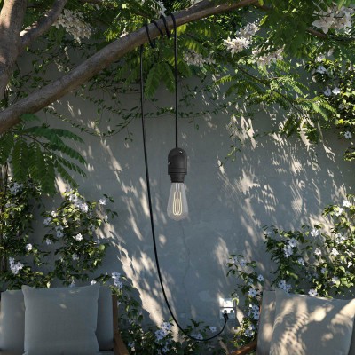 Eiva Snake, bærbar udendørs lampe, 5 m tekstilkabel, IP65 vandtæt lampeholder og stik