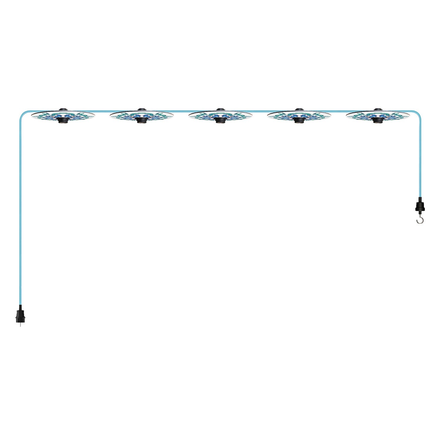 Maioliche' String Light Lumet System fra 7,5 m med stofkabel, 5 lampeholdere og lampeskærme, krog og sort stik