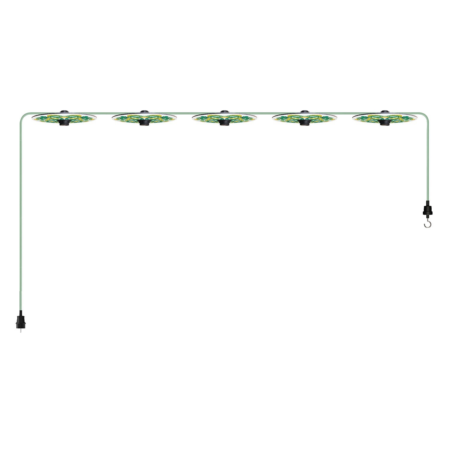 Maioliche' String Light Lumet System fra 7,5 m med stofkabel, 5 lampeholdere og lampeskærme, krog og sort stik