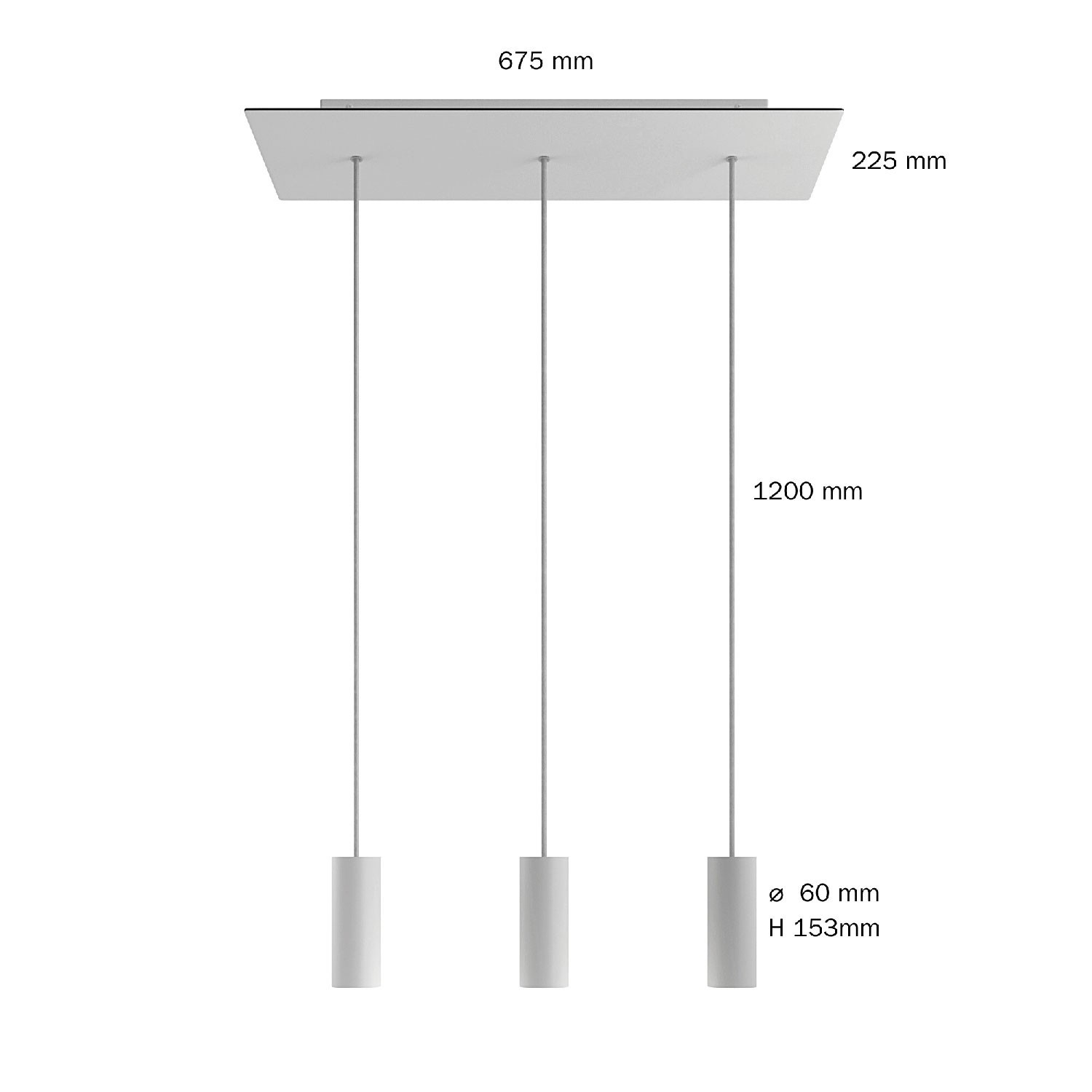 3-light pendel lampe med 675 mm rektangulær XXL Rose-One, med stof kabel og metal Tub-E14 lampeskærm