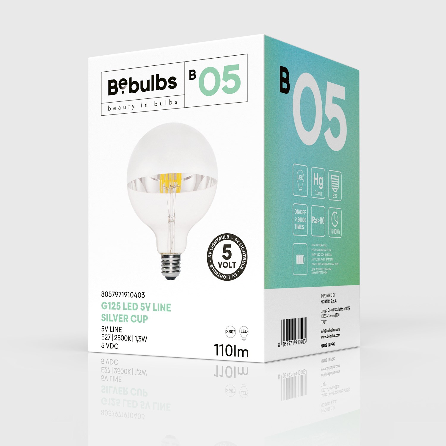 B05 Globo G125 halvkugleformet sølvfarvet LED-lampe med kort glødetråd 5V samling 1,3W E27 dæmpbar 2500K