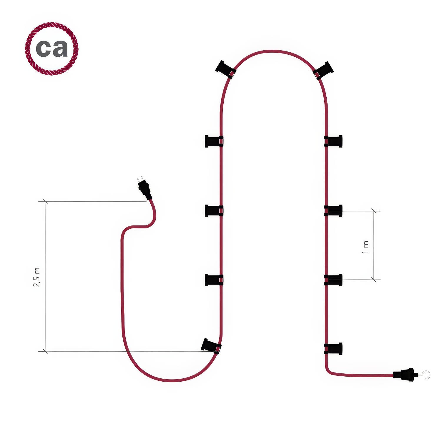 Catenaria Sistema Lumet da 12,5 m con cavo tessile CM17, 10 portalampada, gancio e spina bianchi