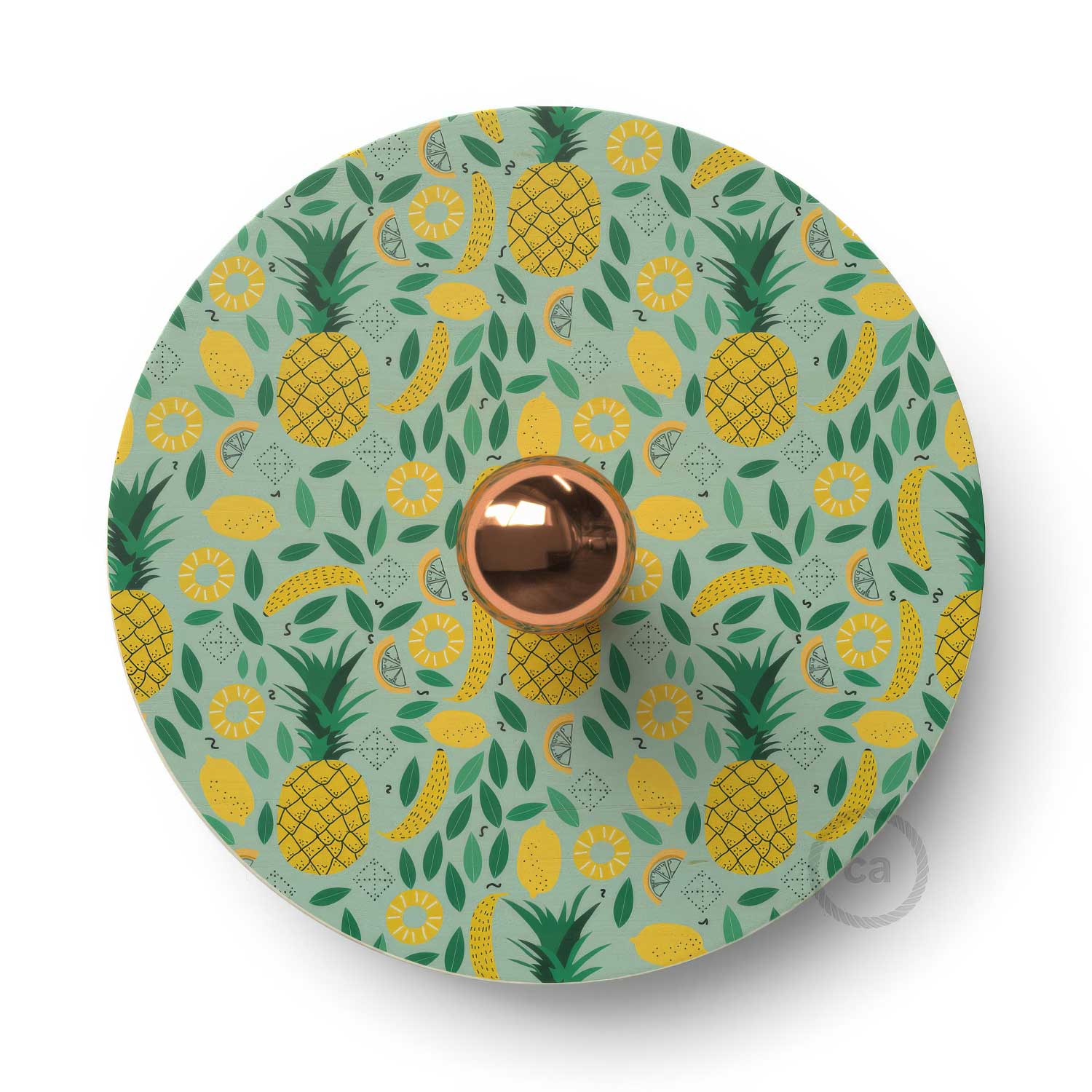 Fermaluce Etnico con paralume UFO in legno double-face illustrato da Annachiara Zaminato