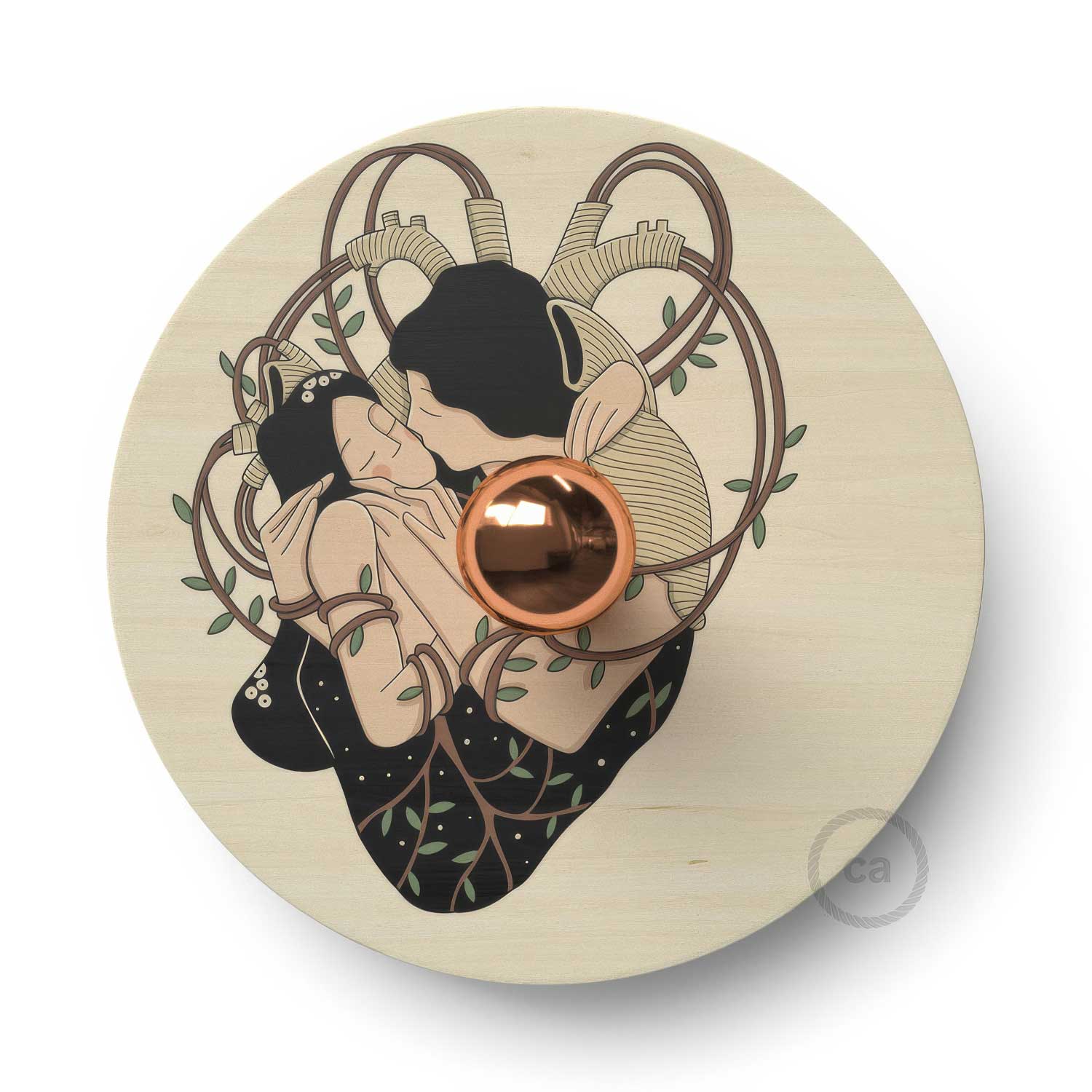 Fermaluce Romantic con paralume UFO in legno double-face illustrato da Carolina Zuniga