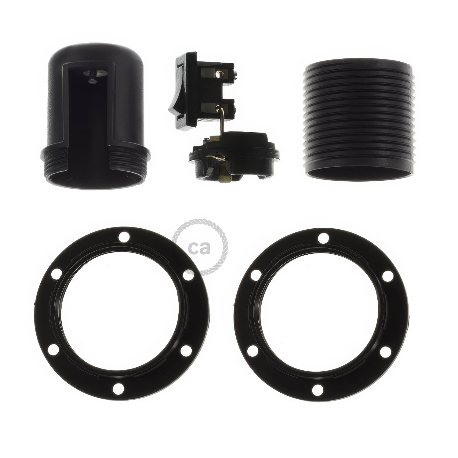Kit portalampada E27 in termoplastica con doppia ghiera per paralume e interruttore - Nero