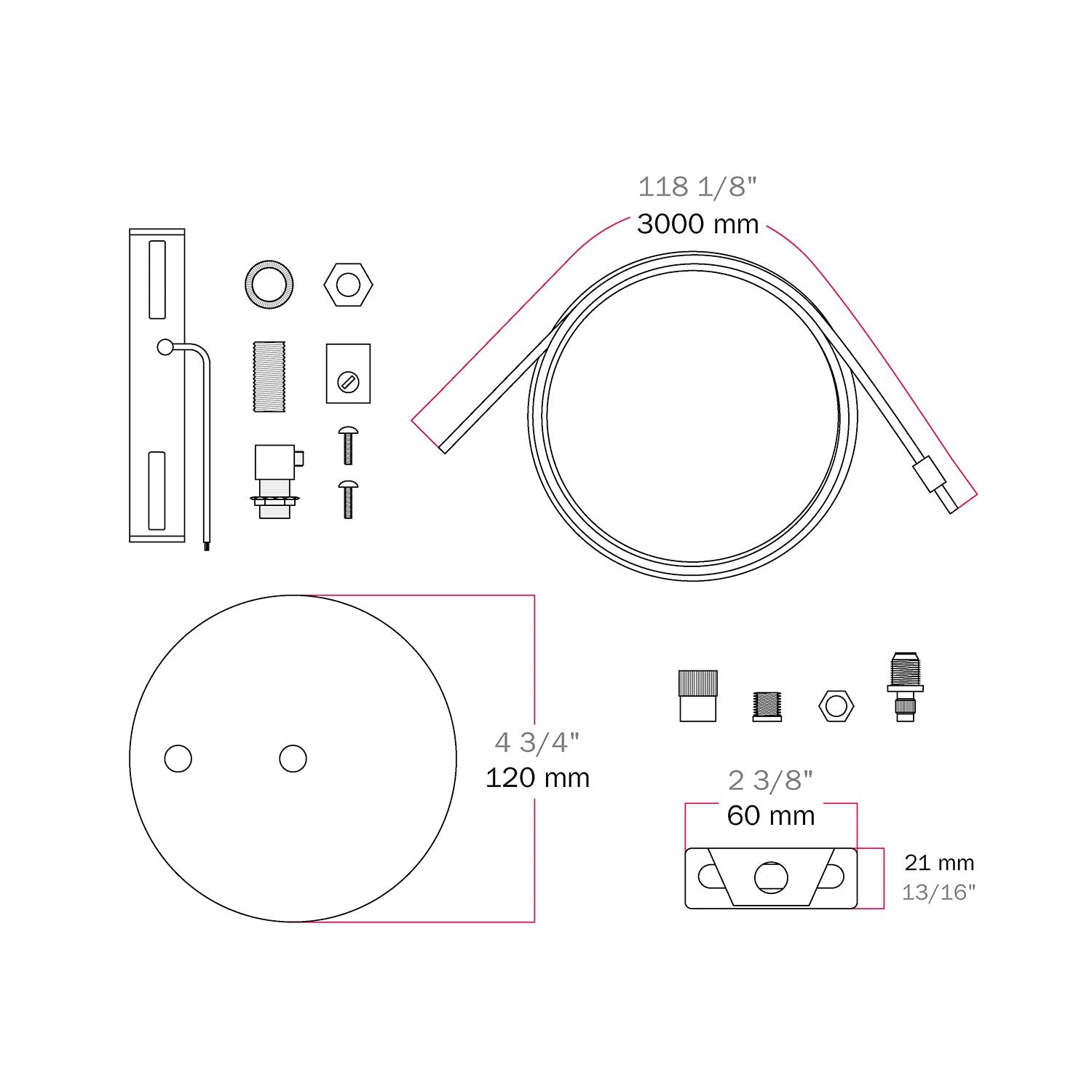 Kit Rosone Ø 120 mm con sospensione in acciaio e bilanciatore millimetrico - Ottone