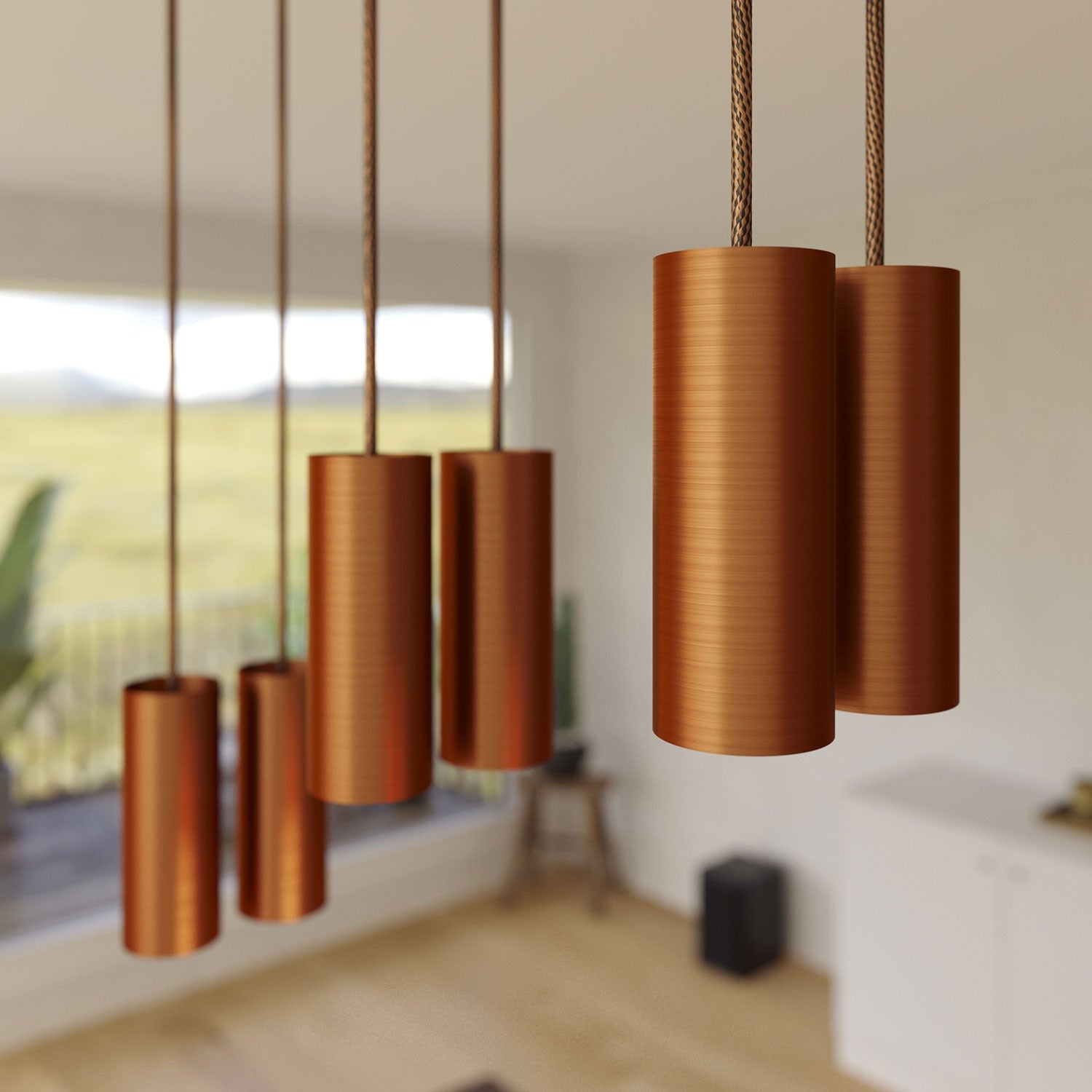 Lampada a sospensione a 6 cadute con XXL Rose-One rettangolare 675 mm con paralume in metallo Tub-E14 - Rame satinato