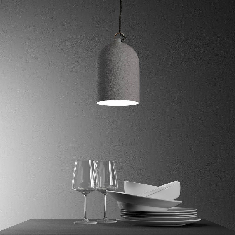 Lampada a sospensione completa di cavo tessile e paralume Mini Campana XS in ceramica - Effetto cemento
