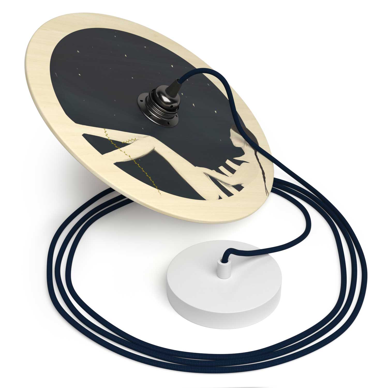 Lampada a sospensione completa di cavo tessile, paralume in legno UFO double-face e finiture in metallo - Chiara Fucà