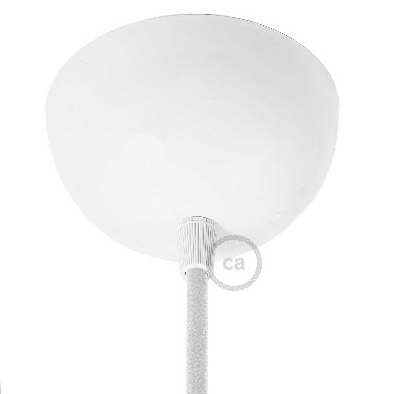 Lampada a sospensione completa di cavo tessile, rosone e portalampada semisferici in metallo - Bianco