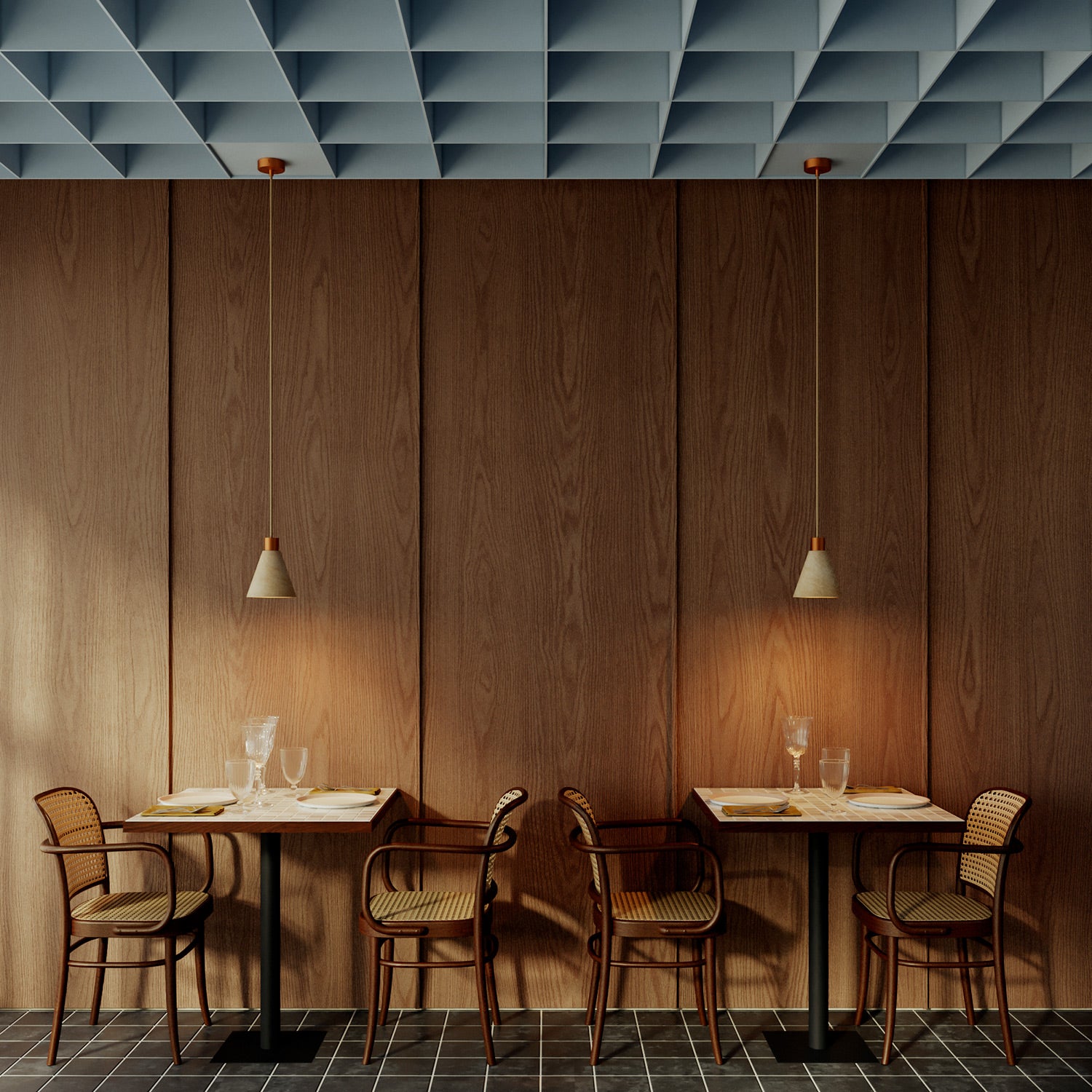 Lampada a sospensione con paralume conico in legno - Rame satinato