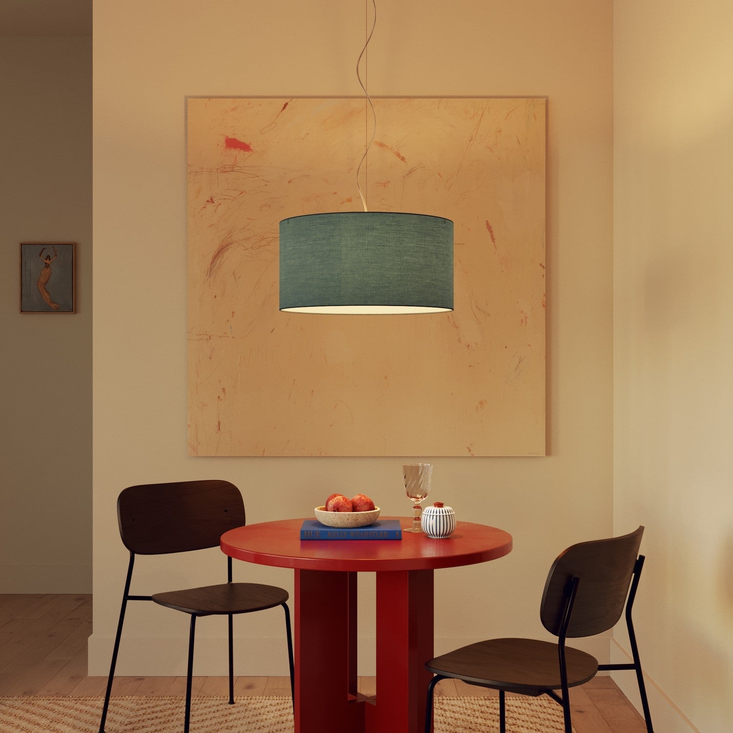 Lampada a sospensione con paralume in tessuto Cilindro Medium - Made in Italy - Teletta Verde Dubbio Si