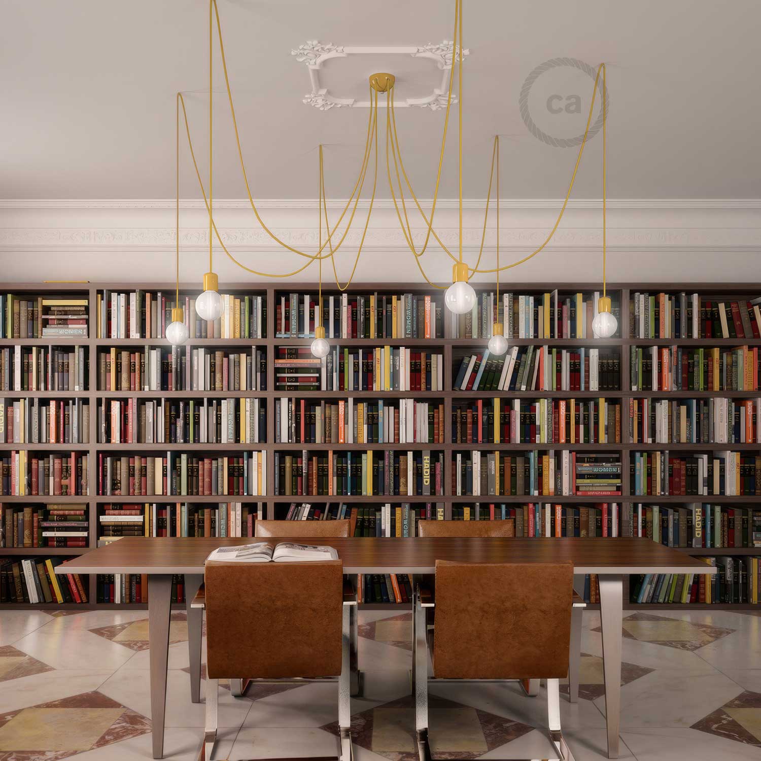 Lampada a sospensione multipla a 6 cadute con finiture in ceramica colorata - Giallo