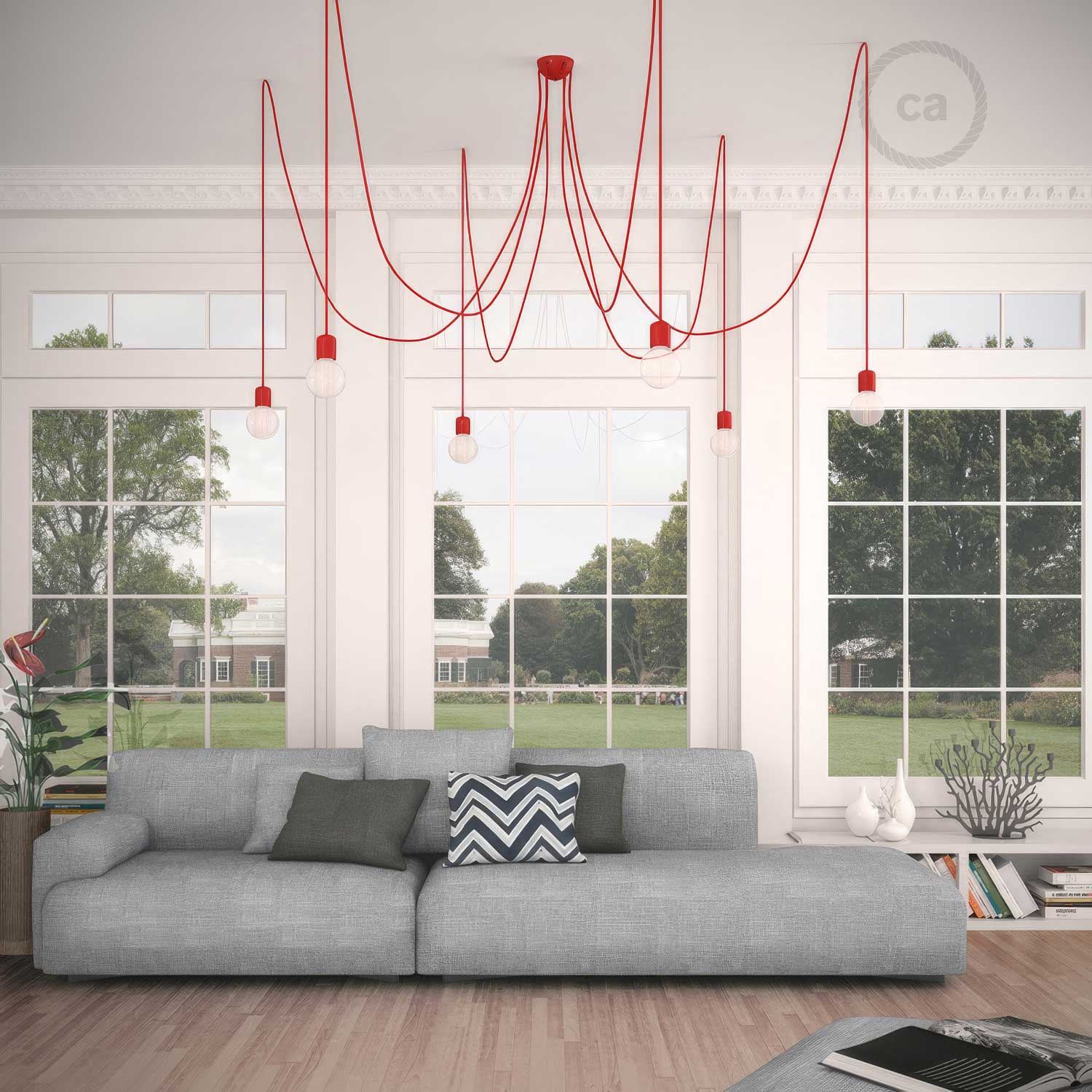 Lampada a sospensione multipla a 6 cadute con finiture in ceramica colorata - Rosso