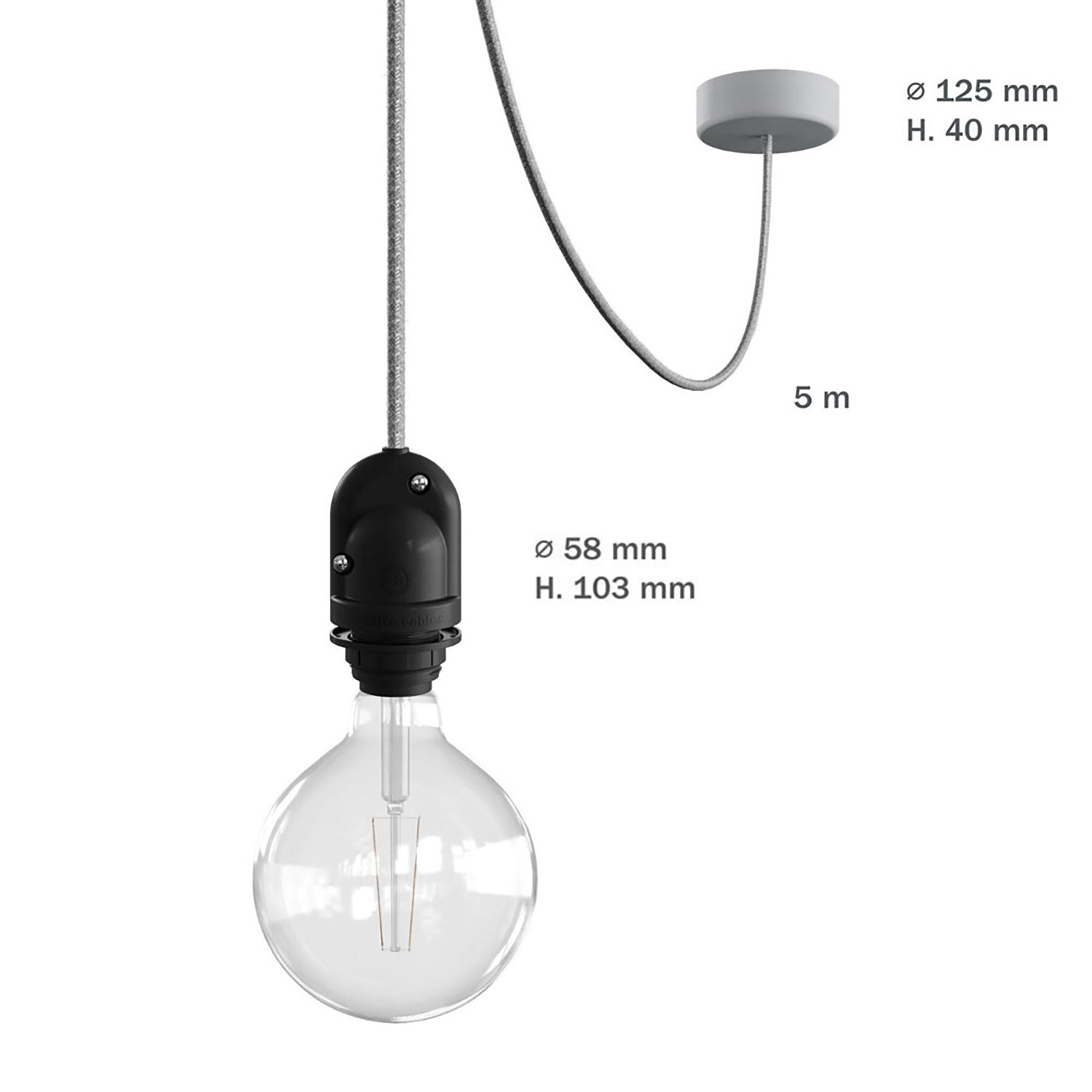 Modulair Lampada da esterno per paralume con 5 m cavo tessile, decentatore, rosone e portalampada IP65 - Nero