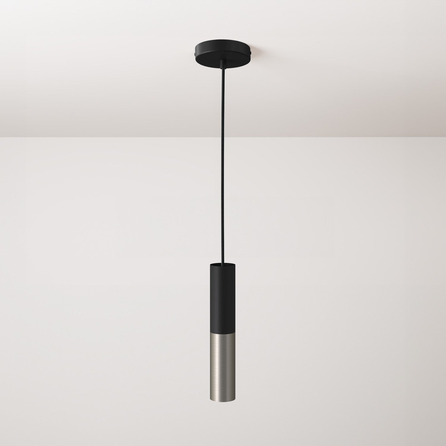 Pendant lamp complete with fabric cable and Tub-E12 double lampshade - Black and Brushed titanium