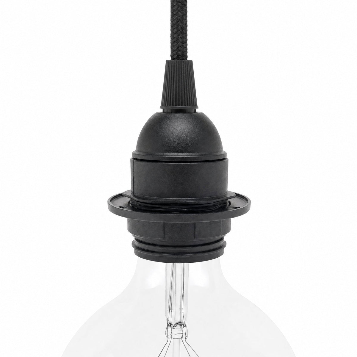 Portalampada E27 in termoplastica con camicia semifilettata, con terra e ghiera - Nero