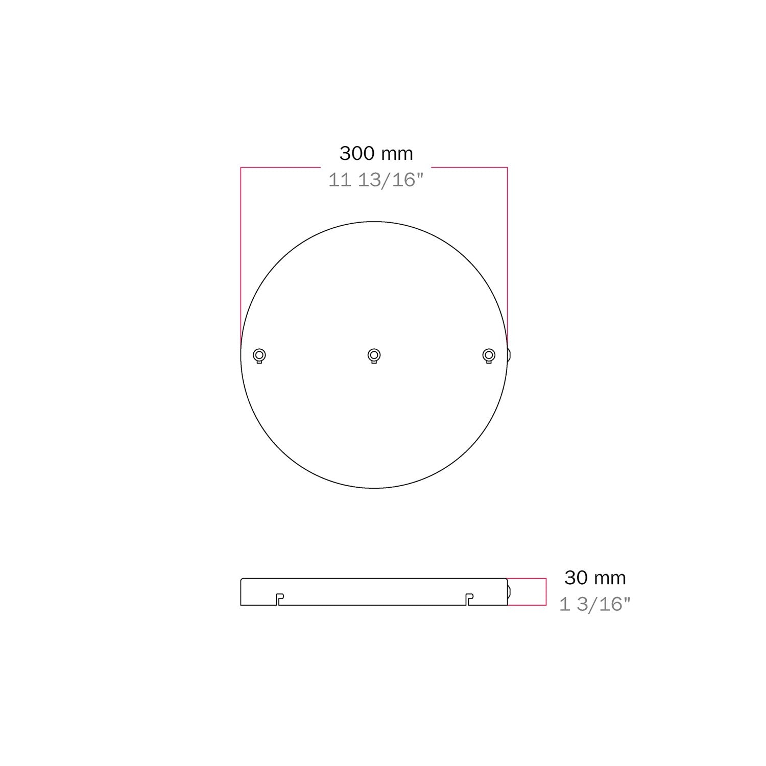 Rosone rotondo in alluminio Ø 30 cm con staffa e cavo di messa a terra, con 3 fori frontali - Bianco Opaco 1
