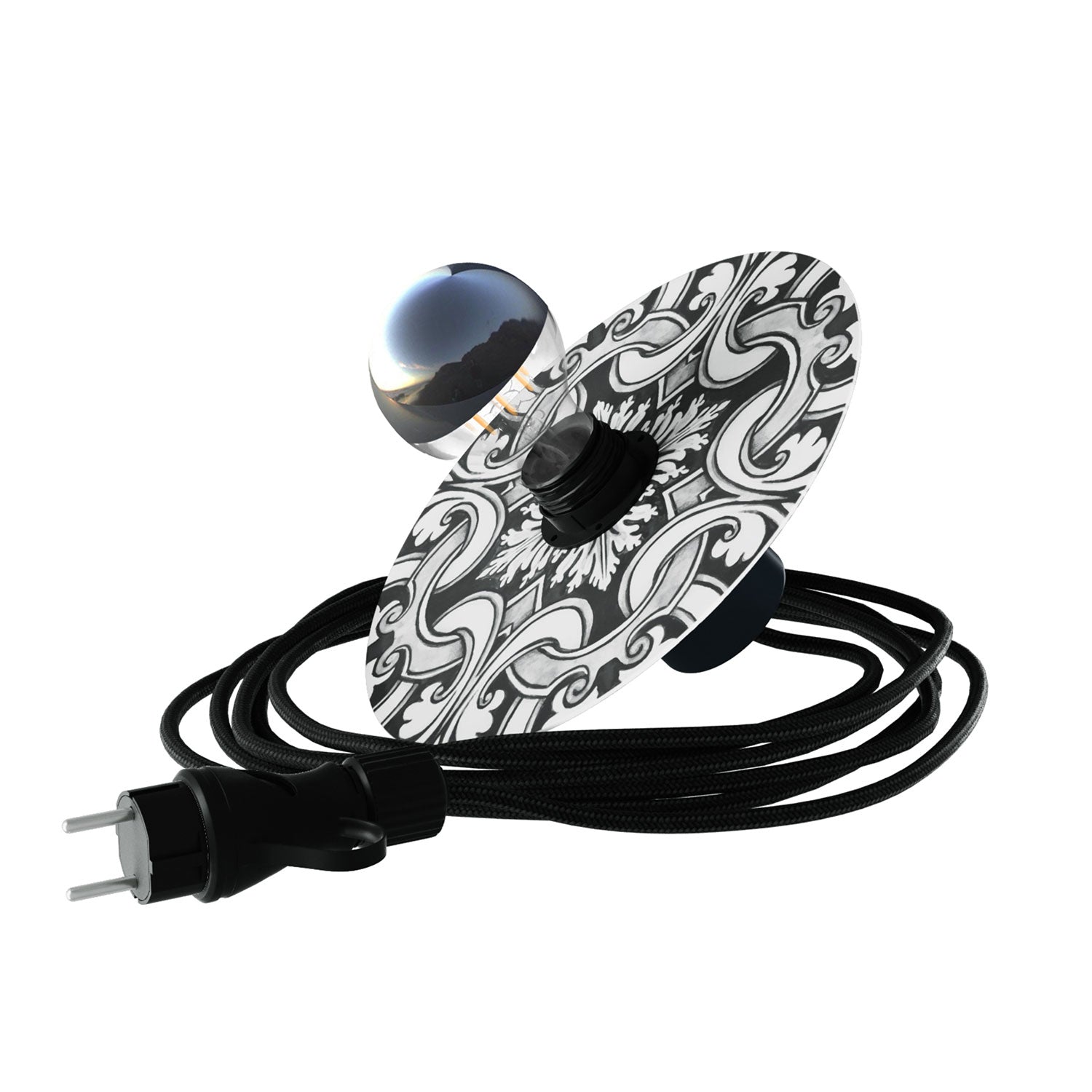 Snake Eiva con paralume mini Piatto Ellepì 'Maioliche' Bianco e Nero, lampada portatile IP65 per esterni con spina