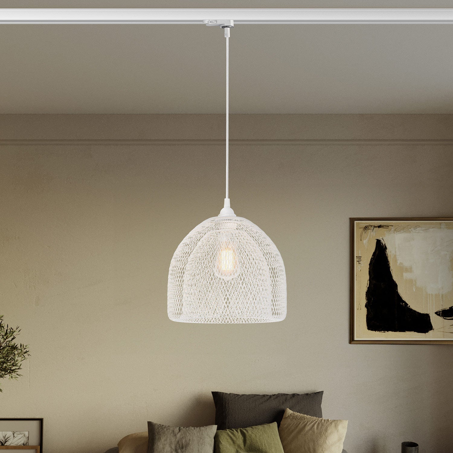 Sospensione con paralume a gabbia Ghostbell XL per binari - Bianco